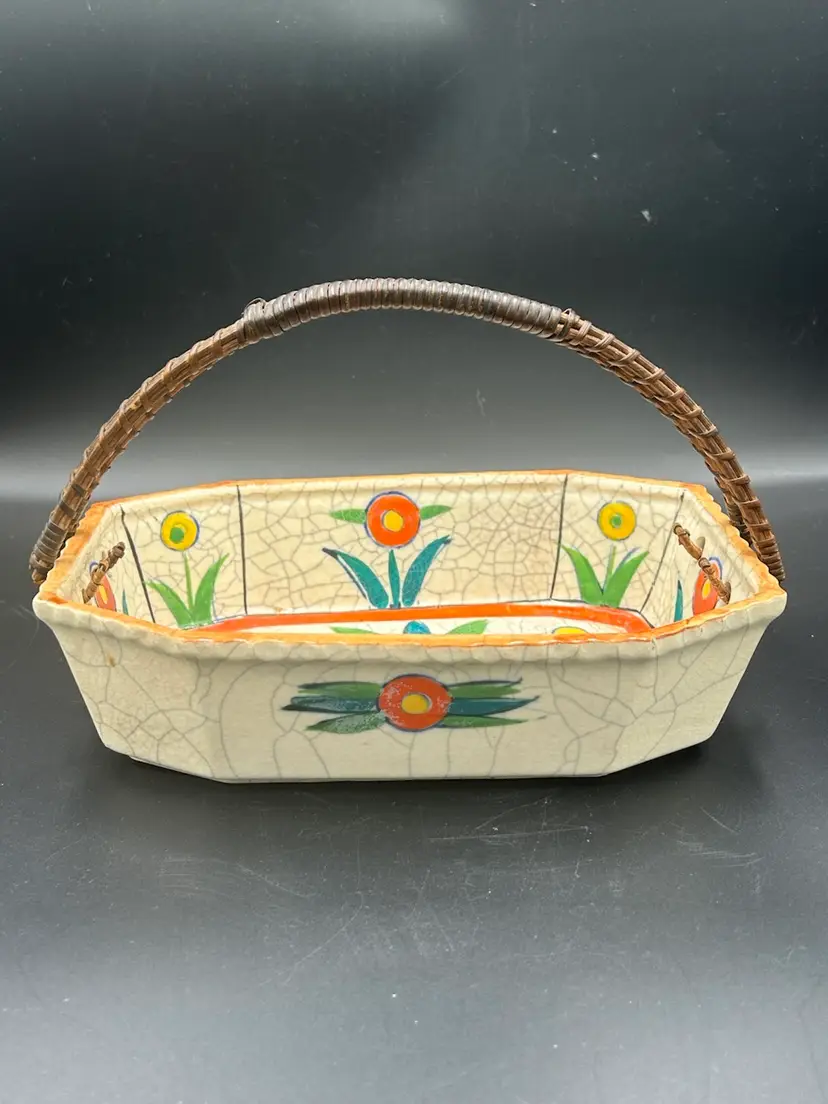 Vintage Japan Pottery Floral Basket With Wicker Handle
