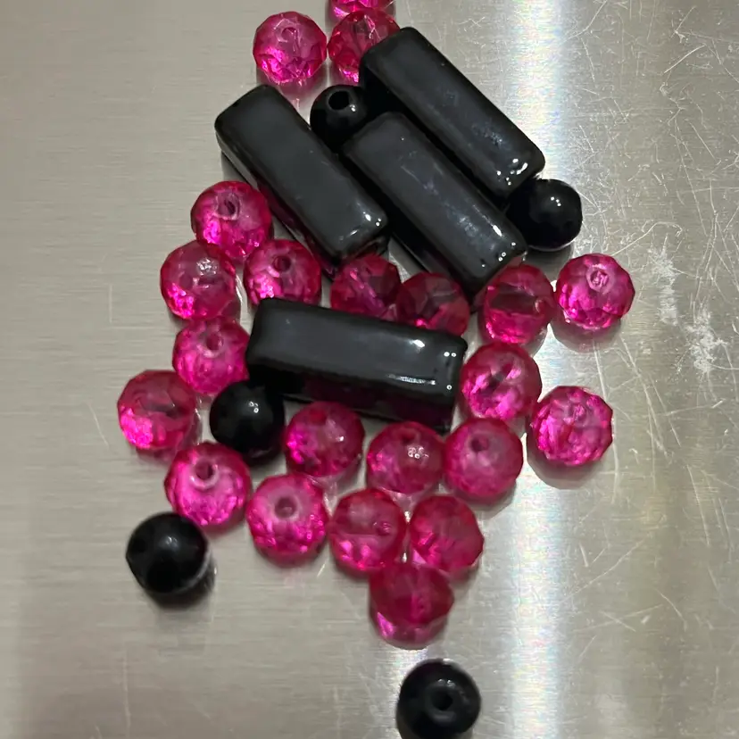 Faceted Pink Glass Ceramic Black Beads 9 Grams