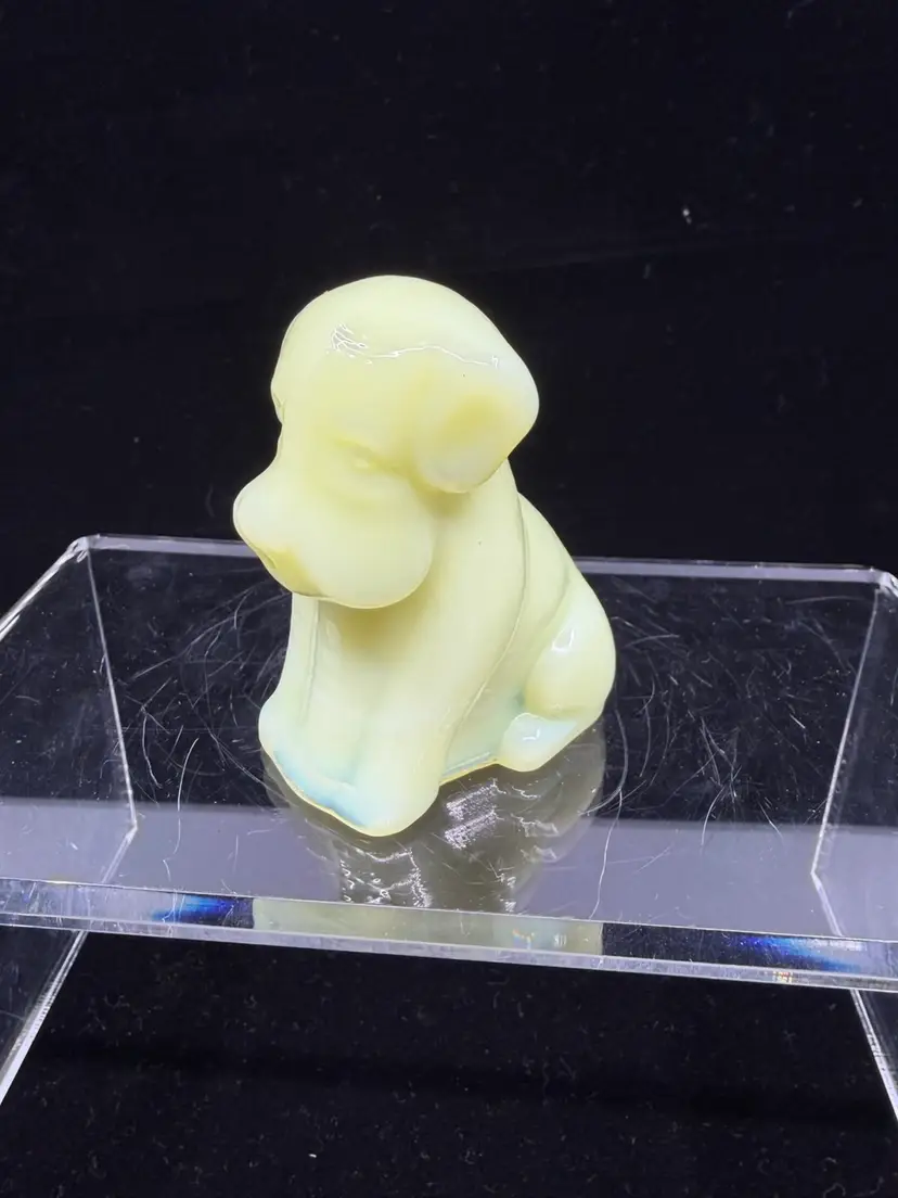 Vintage Pooch The Dog Degenhart Yellow Custard W/ White Slag Glass Figurine UV Glow Marked D