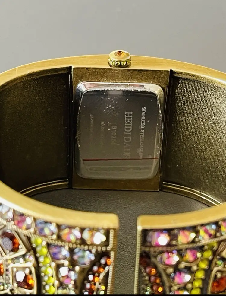 Heidi Daus Vintage Gold Cuff Watch With Multicolor Rhinestones