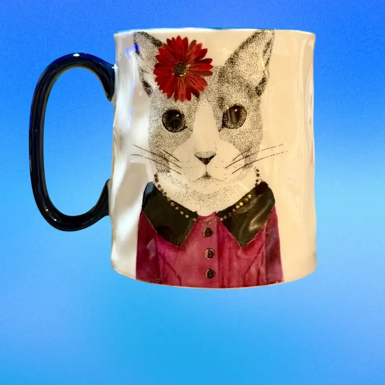 Signature Housewares Hipster Cat Fashionista Kitty with Flower 14oz Coffee Mug
