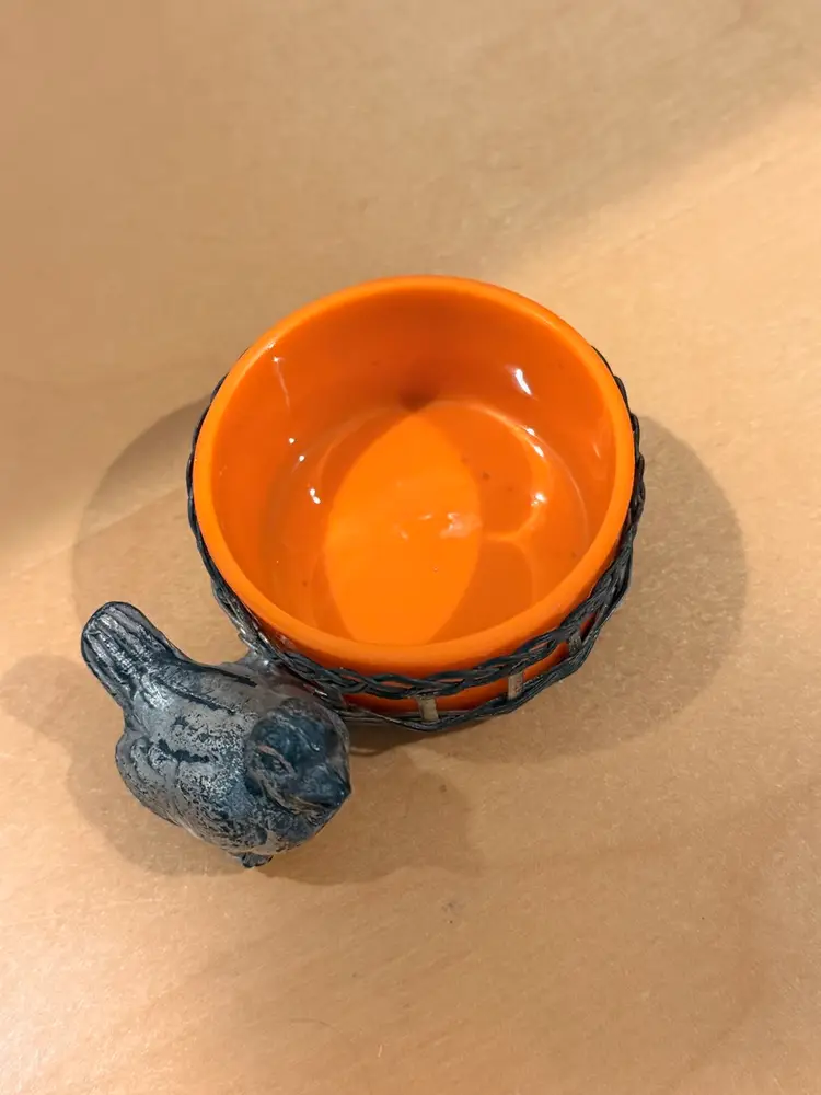 Orange Glass And Metal Bird With Woven Basket Salt Cellar