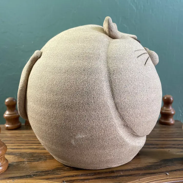 Vintage 1970's Fat Cat Piggy Bank Speckled Stoneware Pottery with Stopper