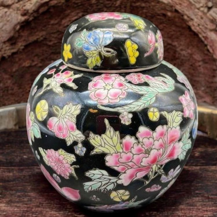 Vintage Chinese Porcelain Famille Ginger Jar Black Floral - 5" tall #42