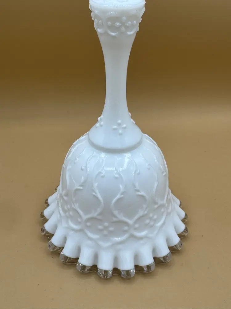 Fenton Spanish Lace Silver Crest White Milk Glass Ruffled Rim Hand Bell -Vintage