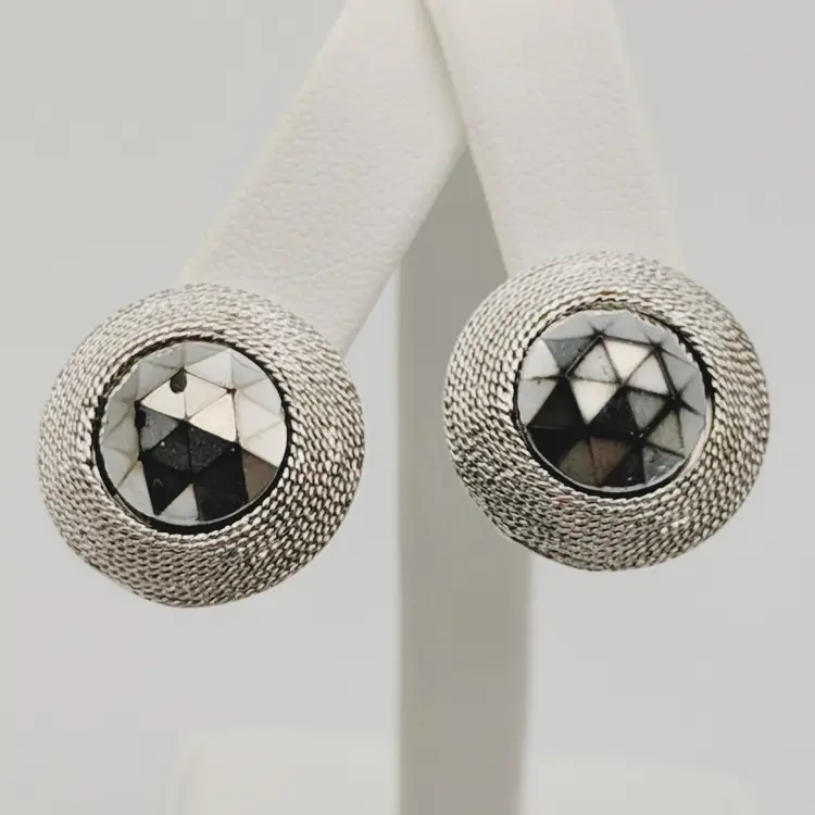 Trifari Silver Tone Round Mirrored Beveled Clip-on Earrings Vintage READ