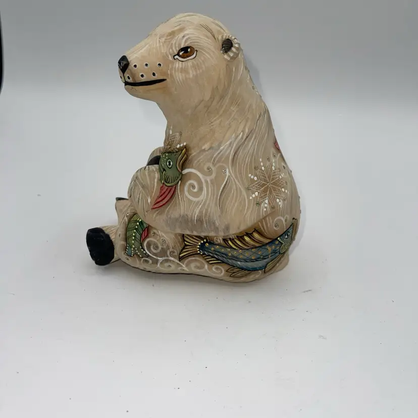 Polar Bear Hand Carved In Russia Painted Fish Signed 5.25 “ Very Rare
