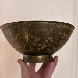 Vintage Solid Brass Etched Floral Motif Pedestal Bowl