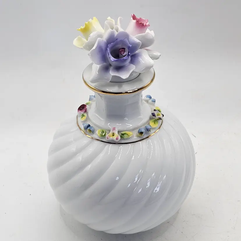 Matson vanity porcelain perfume bottle 6" Vintage applied flowers