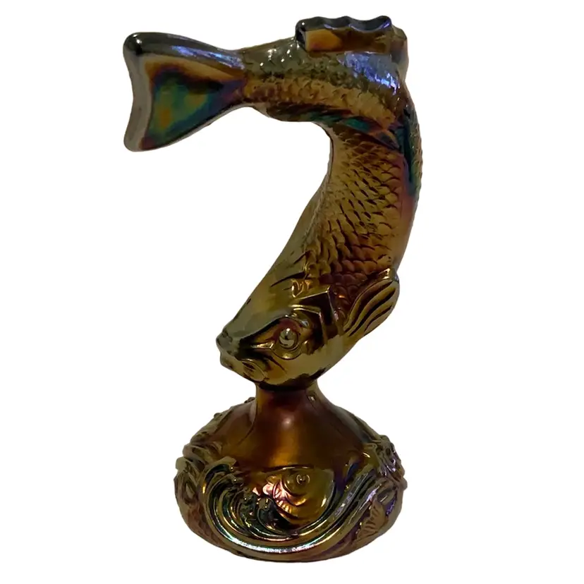 #25 Vintage Fenton Amethyst Carnival Iridescent Glass Jumping Trout Fish Figurine With Fenton Stamp 5.25”tall