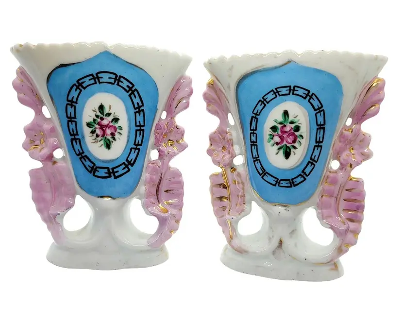 Pair of 2 Vintage Porcelain Vases Bridal Wedding Victorian Hand Painted