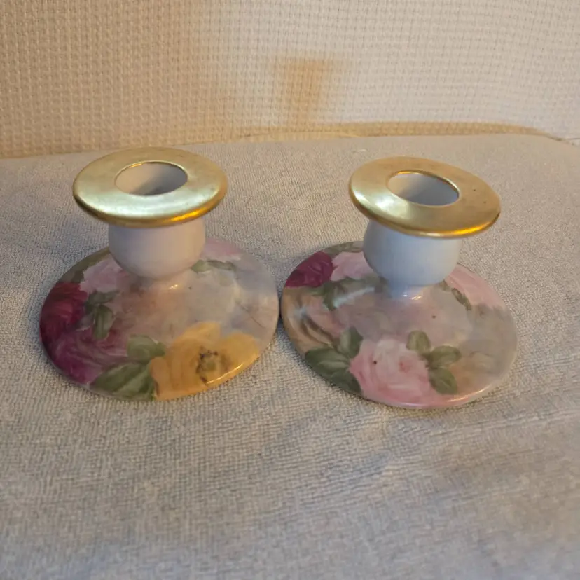 Vintage Porcelain Rose Candlestick Holders