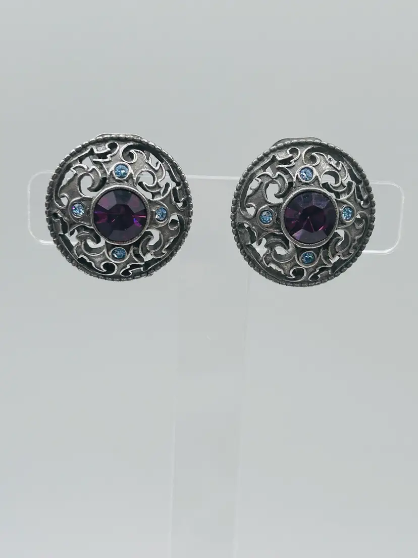 Vintage Silver Tone Scottish Motif Rhinestone Clip Earrings 1”