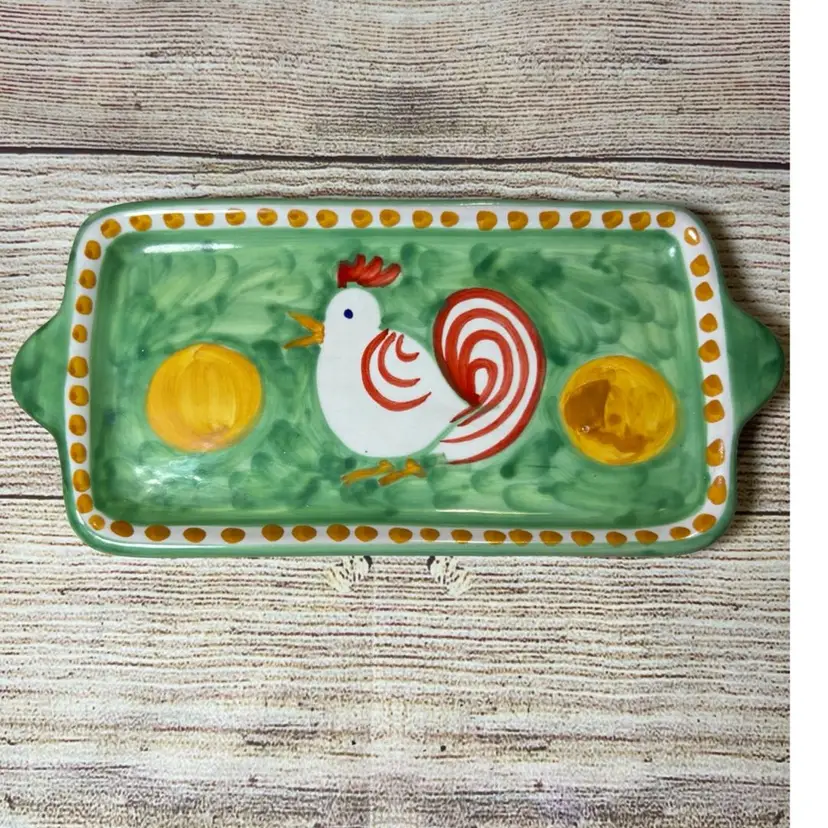 Assunta Positano Italy Terra Cotta Small Rectangular Dish Green Yellow Rooster