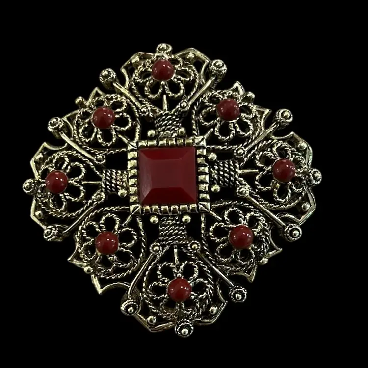 Goldtone Filigree Tomato Red Acrylic Beads Faceted Center 2”