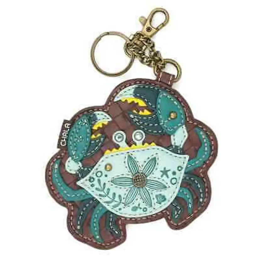 Chala Crab Keychain Coin Purse Brown & Teal Vegan Leather With Zipper Pocket