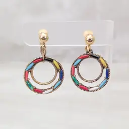 Vintage Clip On Earrings Multi Colored Navette and Gold Tone Circle Dangle