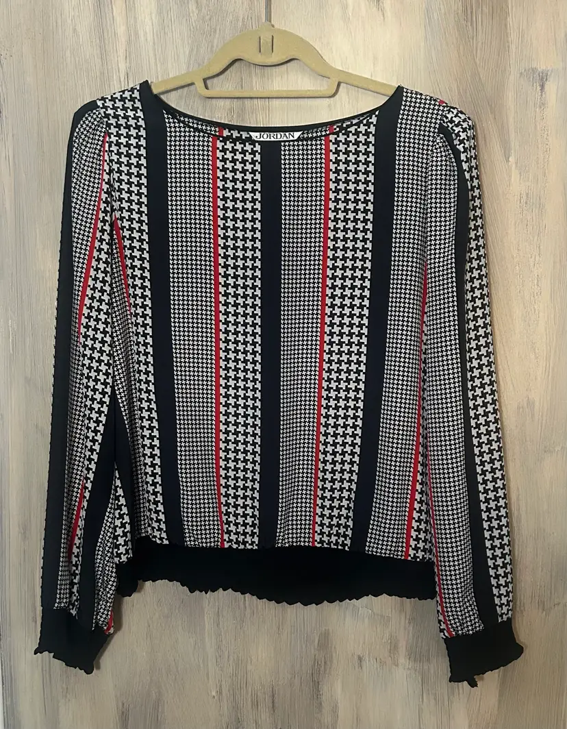 Vintage Jordan New York Black White Red Houndstooth and Stripe Design Polyester Long Sleeve Blouse L/XL