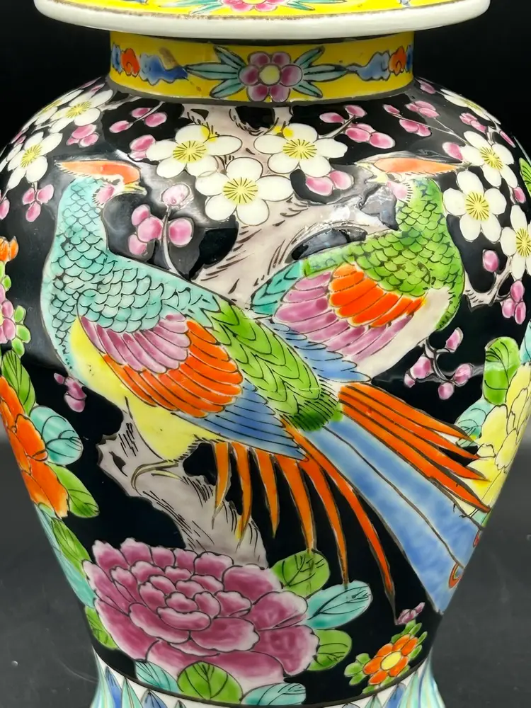 Vintage Japanese Famille Noir black, large porcelain urn/ginger jar, birds and flowers