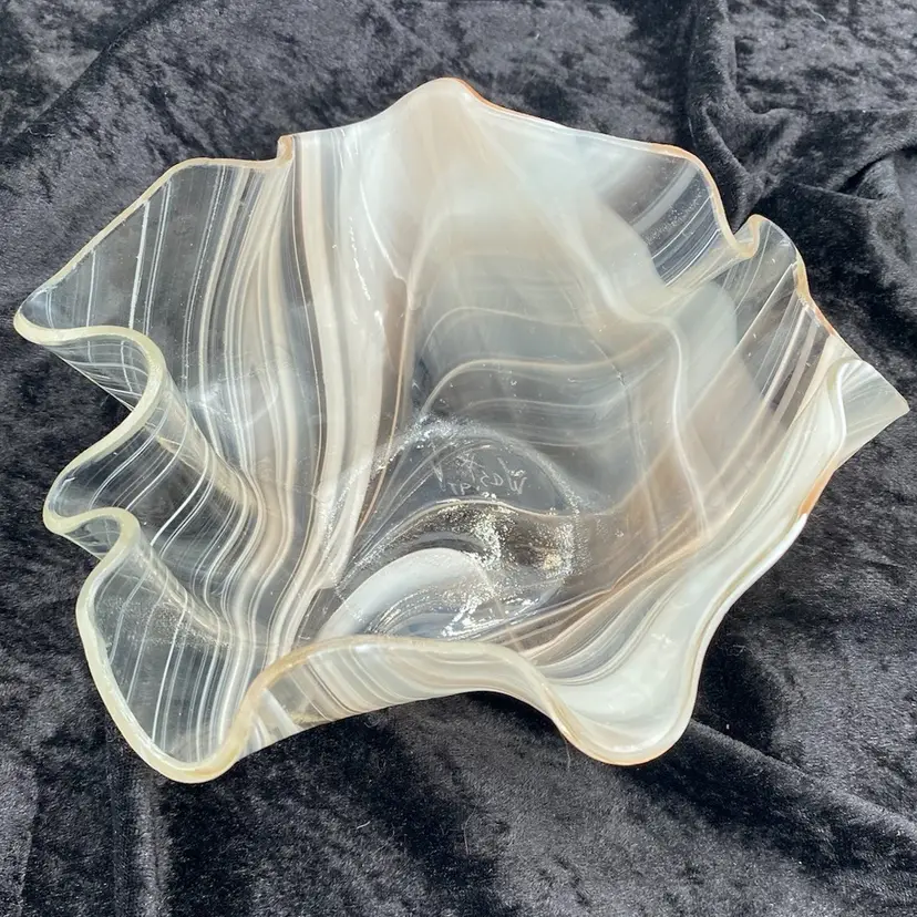 Vintage Handblown Murrhina Glass Handkerchief Bowl/Candle Holder, Peach & White, Signed