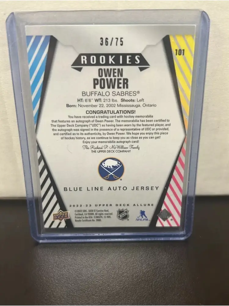 2022-23 Upper Deck Allure Blue Line Jersey Auto Owen Power /75