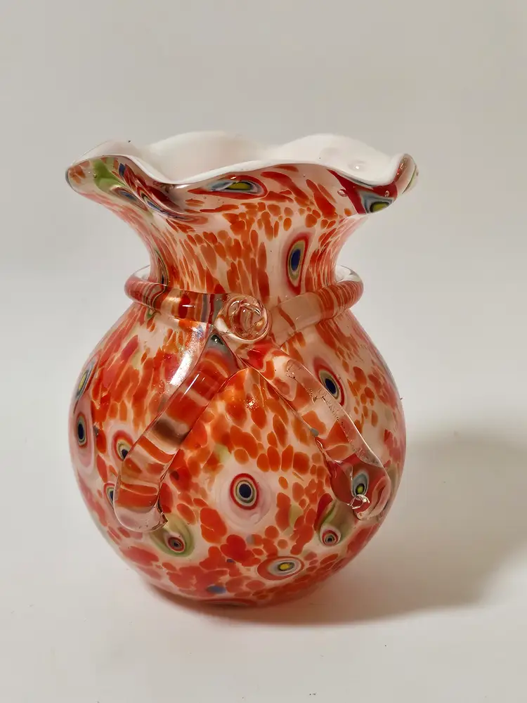 Murano Style Cased Glass Vase Millefiori Ruffled Top Applied Bow Orange White