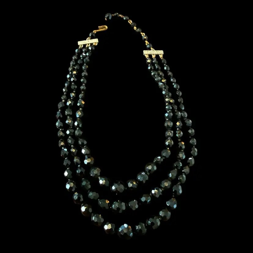 Three Strand Black Faceted Glass Bead Necklace 17”