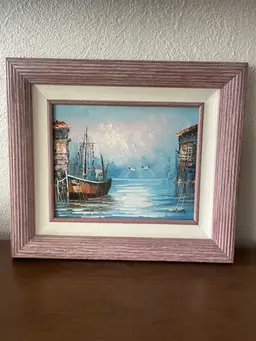 Vintage Framed Oil Painting Harbor Scene Sailboats Artist Signed