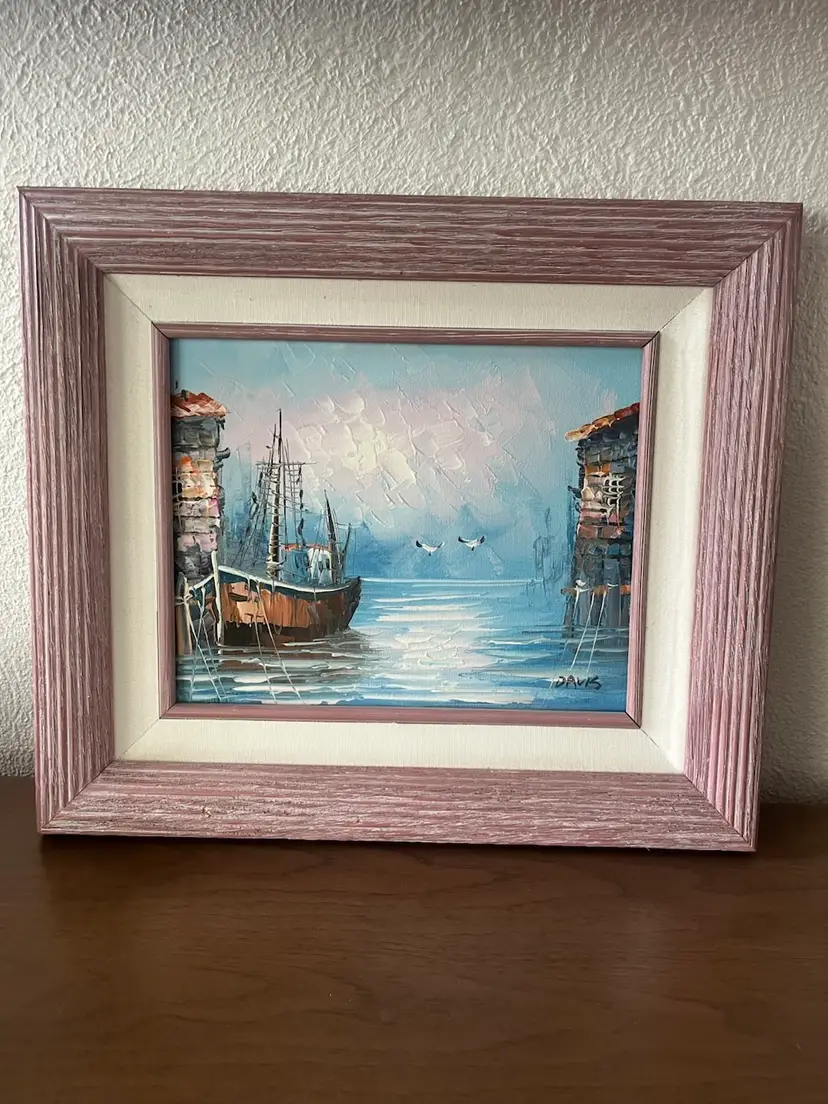 Vintage Framed Oil Painting Harbor Scene Sailboats Artist Signed