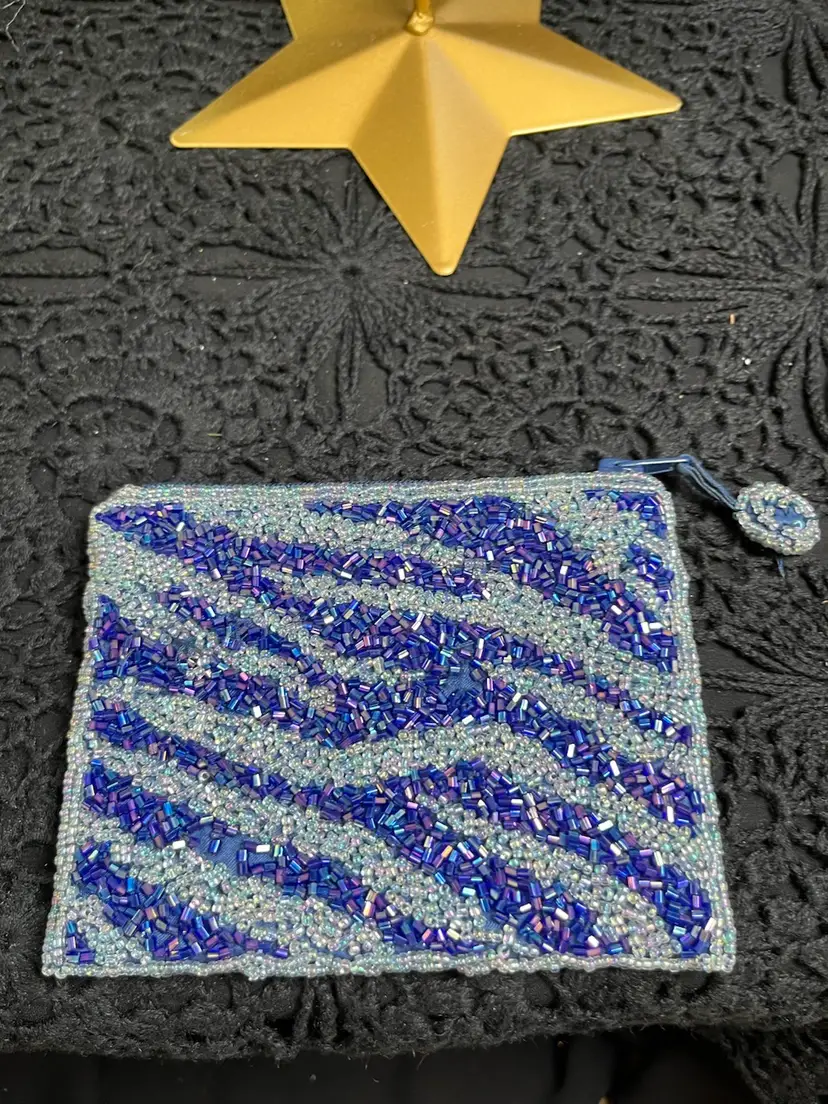 Threaded Glass Beaded Coin Purse or Cosmetic Bag. Iridescent/Lavender/Blue Beads.