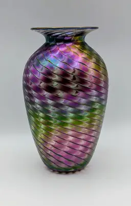 The Glass Eye Studio MSH Ash Purple Green Iridescent Pulled Feather Vase