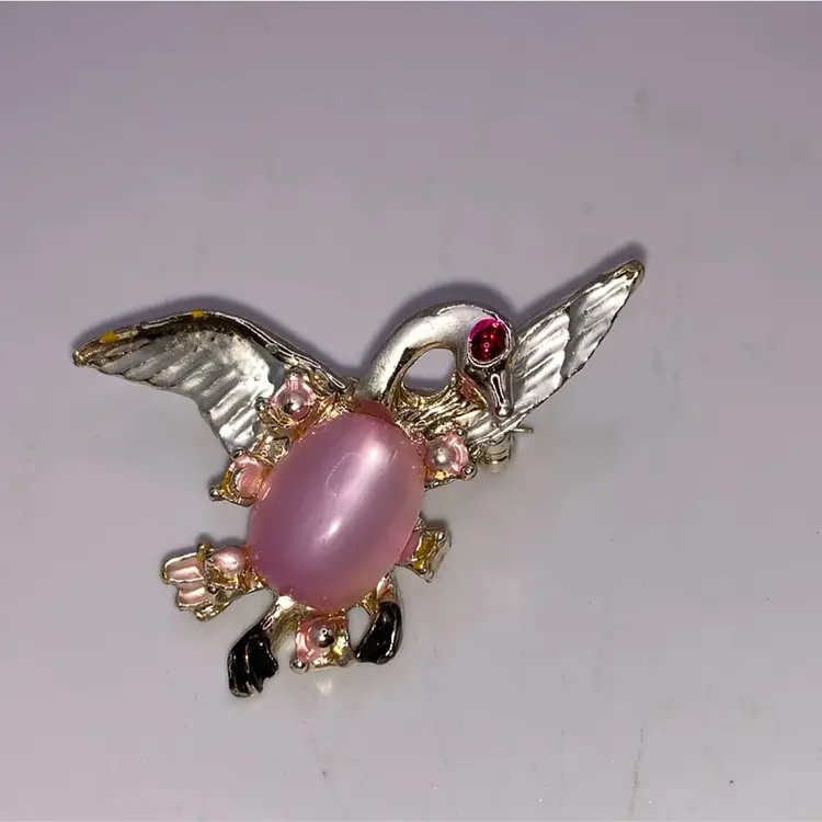 Jelly Belly Swan Brooch  Pink Moonstone 1 1/2” High