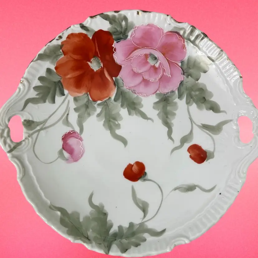Vintage Hand Painted Porcelain Yeah Pink and Red Flowers Floral