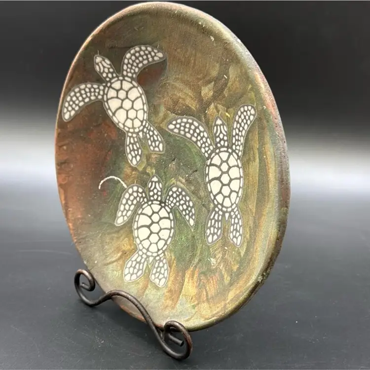 Vintage Ben Diller 3 Turtle Raku Pottery Dish