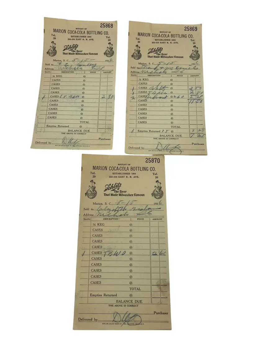 1936 Marion Coca-Cola Schlitz Bottling Receipts Lot of 3 SC Beer Ephemera