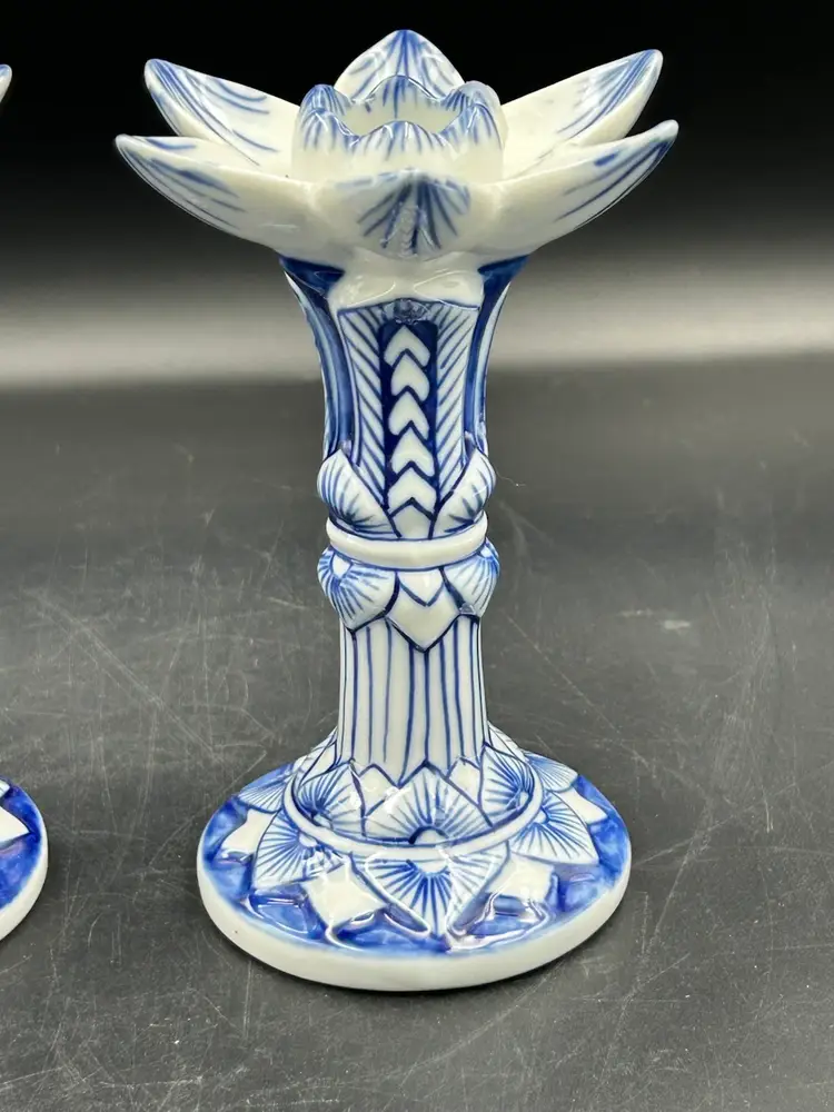 Vintage Pair Blue And White Lotus Leaf Candlestick Holders Hand Painted Thailand