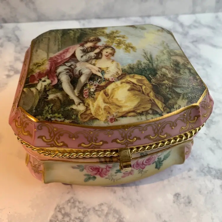 Vintage Porcelain Large Hand Painted Trinket Jewelry Box Andrea by Sadek