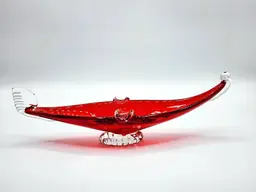 038 Venetian Art Glass Goldola Sculpture Red & Manganese UV Glow 12"