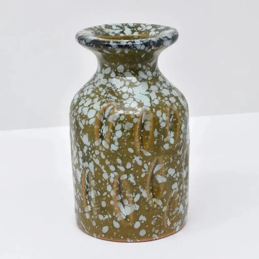 Small Clay Pottery Vase with Green Glaze and Blue Speckle