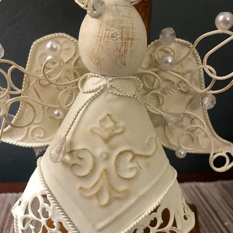 Christmas Angel Off White Distressed Metal Ornament  6" H 7" Wing To Wing