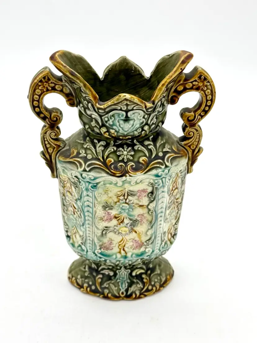 Vase Urn - Majolica Glazed Ceramic Double Handle Intricate Design 10”H x 6”W