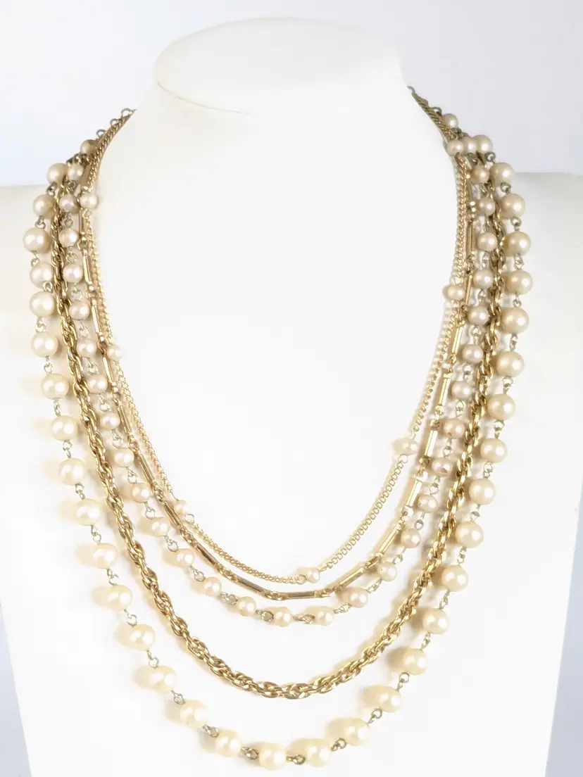 Vintage Coro Faux Pearl and Multi Chain Necklace Gold Tone