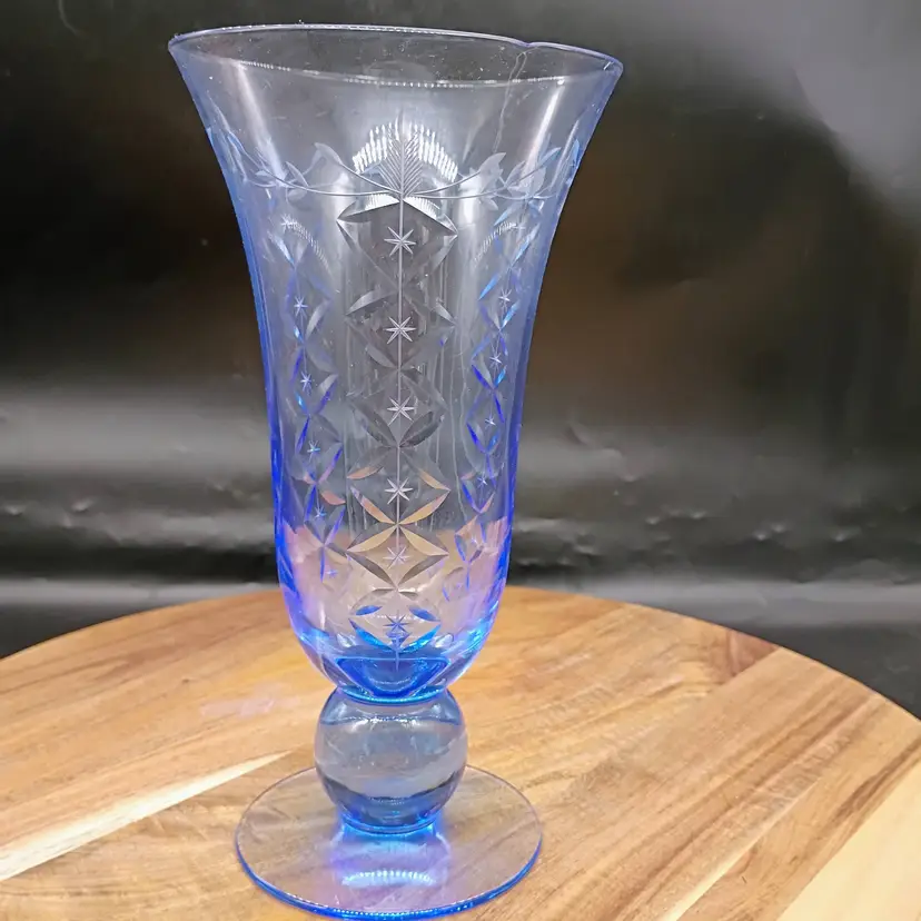 Antique Bohemian Art Deco Pale Blue Pressed Diamond Pattern Glass Vase with Etched Accent