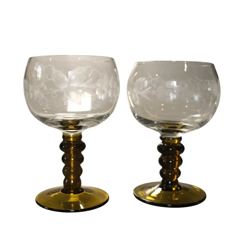 Set of 2 Roemer German Etched Cordial Cocktail Glasses, Olive Green Bubble Stems, 4.5"