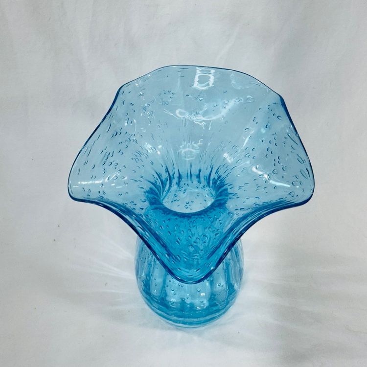 Hand Blown Blue Glass With Bubbles Vase