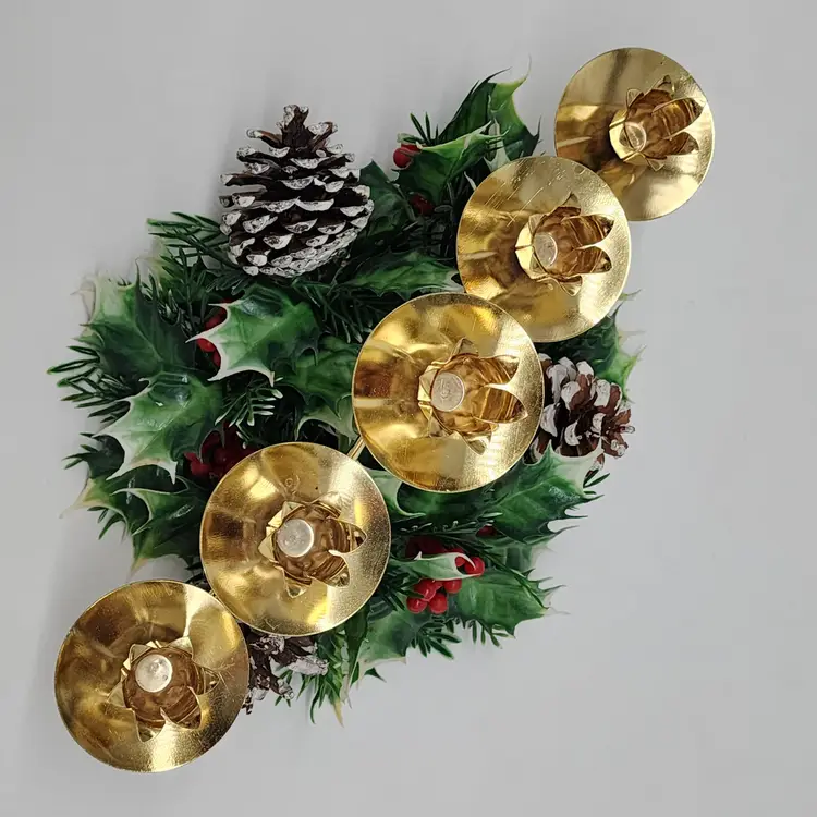 Kitschy Candelabra Candle Centerpiece Christmas Berries Pine Cones Poinsettia VTG