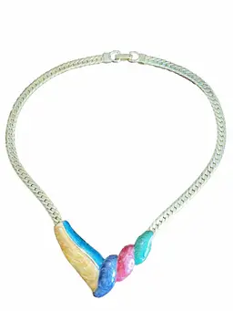 Gold Tone Flat Chain 80s Collar Necklace Teal Yellow Gray Pink Green Enamel