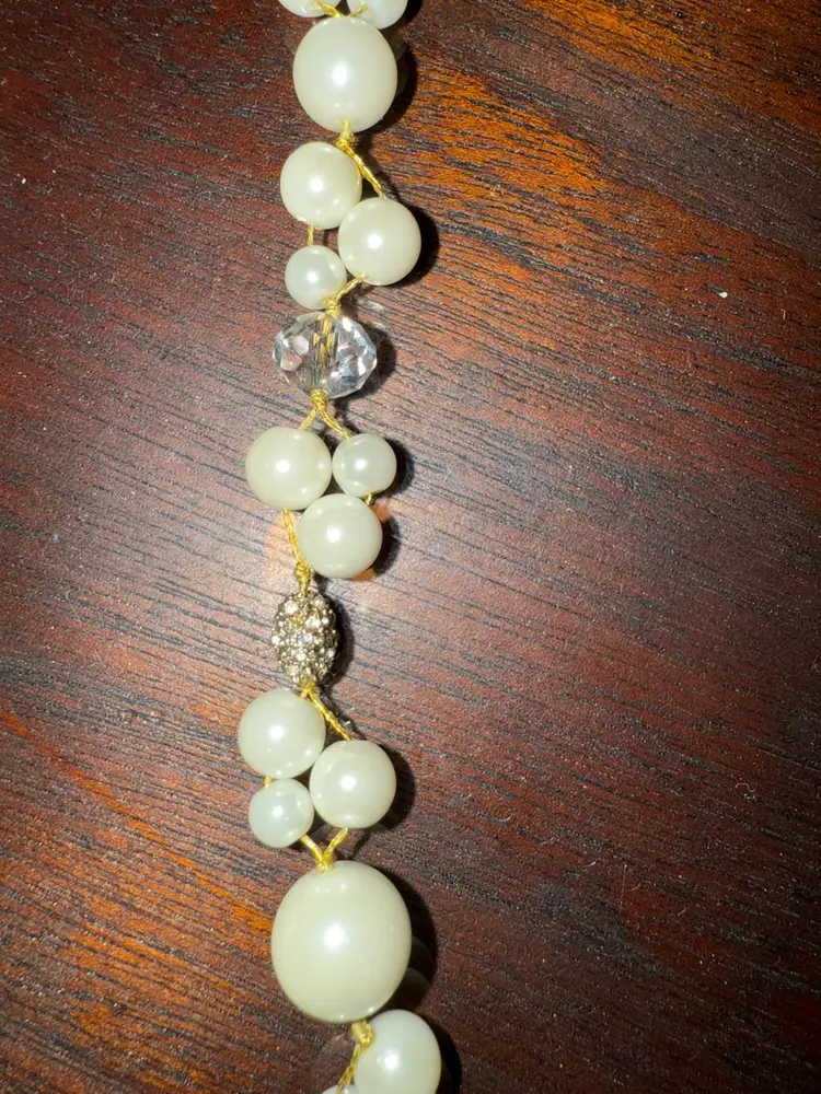 Vintage Anne Klein faux pearl, rhinestones, metal ball 20 in necklace