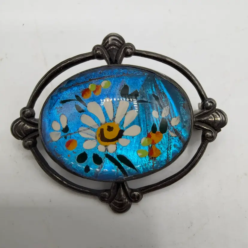 Butterfly Wing Happy Flower Painted Oval Brooch Marked Sterling UNTESTED