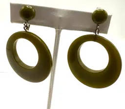 Vintage Bakelite Green Dangle Earrings, 2 Inch Trendy Long Dangles, Clip On